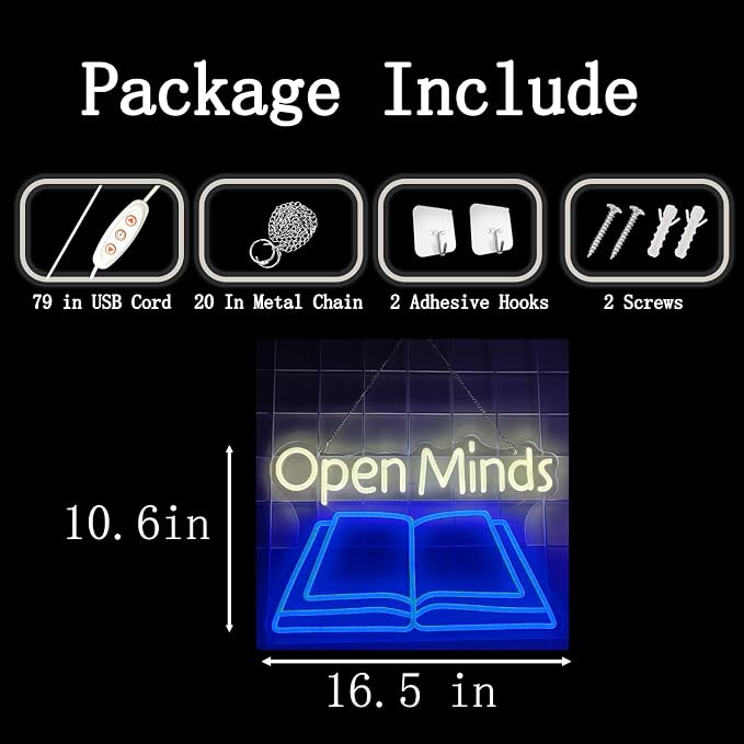 Books Open Minds Neon Sign LED Letter Lights Dimmable USB Powered Wall Decor for Classroom Library Reading Nook Teacher Student Book Lover Gift (16.5x10.6in)