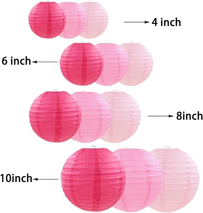 CC wonderland zone 12pcs Pink Hanging Paper Lanterns,Round Paper Lanterns for Baby Shower Wedding Valentine's Day Engagement Birthday Party Decorations