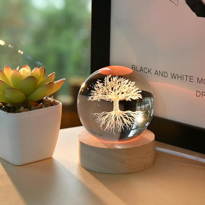 3D Tree of Life Crystal Ball 60mm Life Tree Globe Decor Tree Life Sphere Glass Decorative Ball Tree of Life Gifts for Women with Colorful Light Base