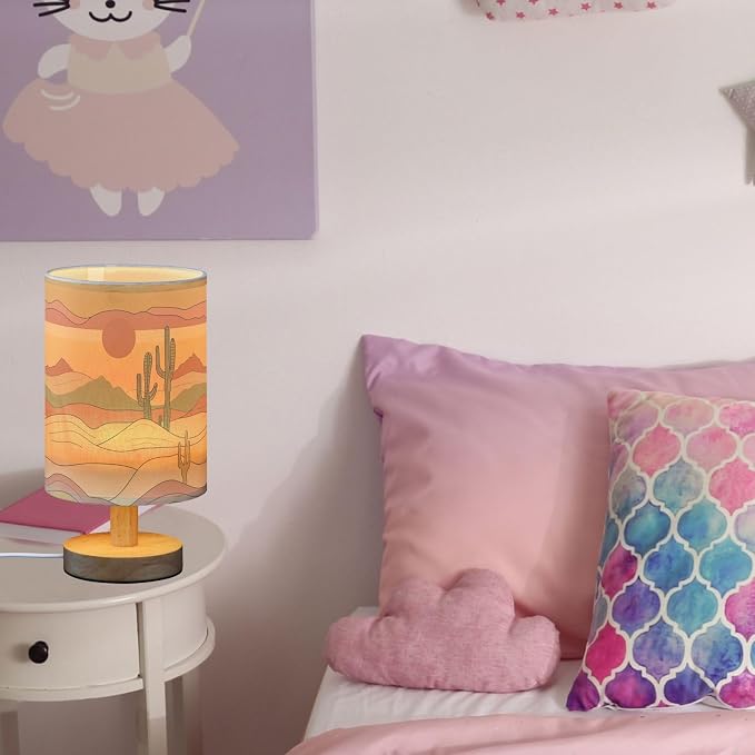 Fustylead Abstract Desert Sunset Cactus Bedside Table Lamps with USB Port for Bedroom Lamp Accent Table Lamp Small Nightstand Lamp Sturdy Linen Shade Wooden Decorative Lamps for Home|Kids|Holiday