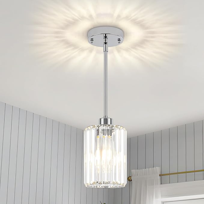 Chrome Crystal Pendant Lights Kitchen Island, Modern Kitchen Pendant Lighting Over Island Dining Room Light Fixtures Adjustable Hanging Pendant Light for Bathroom Hallway Entryway Bedroom Foyer