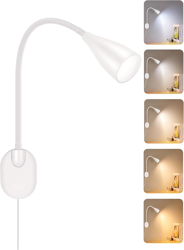 LED Wall Mounted Bedside Reading Light, 3 Color Modes,10 Brightness Dimmable, USB Charging Port, Adhesive Wall Lamp Night Light for Books in Bed, Flexible Neck Eye-Caring Bedroom Lighting White