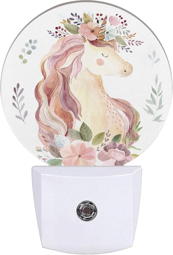 Cute Pink Horse Night Light, Groovy Flowers Nightlight Plug into Wall LED Lamp Auto Sensor Dusk to Dawn for Bedrooms/Kitchens/Toilets/Corridors,Energy-Saving