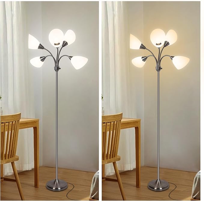 HonoDing Medusa Floor Lamps Standing Lamps 5 Heads Adjustable Reading Light Large Shade Use E26 A19 Bulb for Living Room Bedroom Satin Nickel