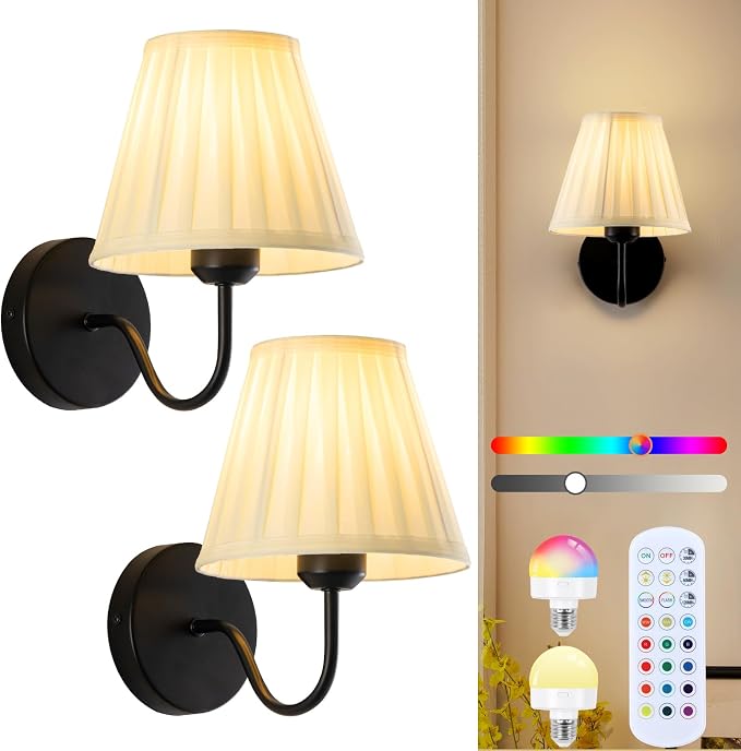 Vintage Battery Operated Wall Sconces Set of 2, Pleated Fabric Shade Black Wall Lamp with Remote Control, Cordless Rechargeable Wall Sconces Fixtures for Bedroom, Living Room, Beside
