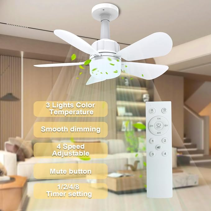2Pack Socket Fan Light With Remote, Screw in Ceiling Fans with Dimmable Light, 3 Colors 3000K-6500K,Smart Ceiling Fan Light Kit Bulb for Bedroom Living Room Kitchen Garage Dinning Room