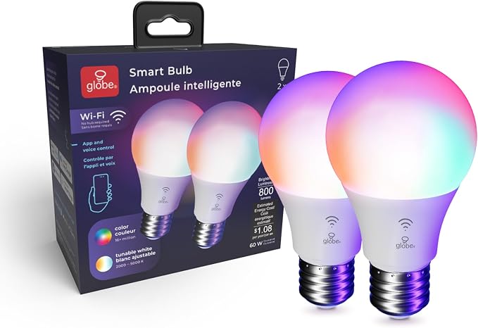 Globe Electric 34207 Wi-Fi Smart 10 Watt (60W Equivalent) Multicolor Changing RGB Tunable White Frosted LED Light Bulb 2-Pack, No Hub Required, Voice Activated, 2000K - 5000K, A19 Shape, E26 Base