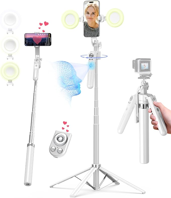 Yeaki 71” Auto Face Tracking Tripod for iPhone with Light,360° Rotating Phone Stand with Rechargeable Remote Control for TikTok Vlog, Phone Tripod for Android Camera/GoPro/Ring Light (White)