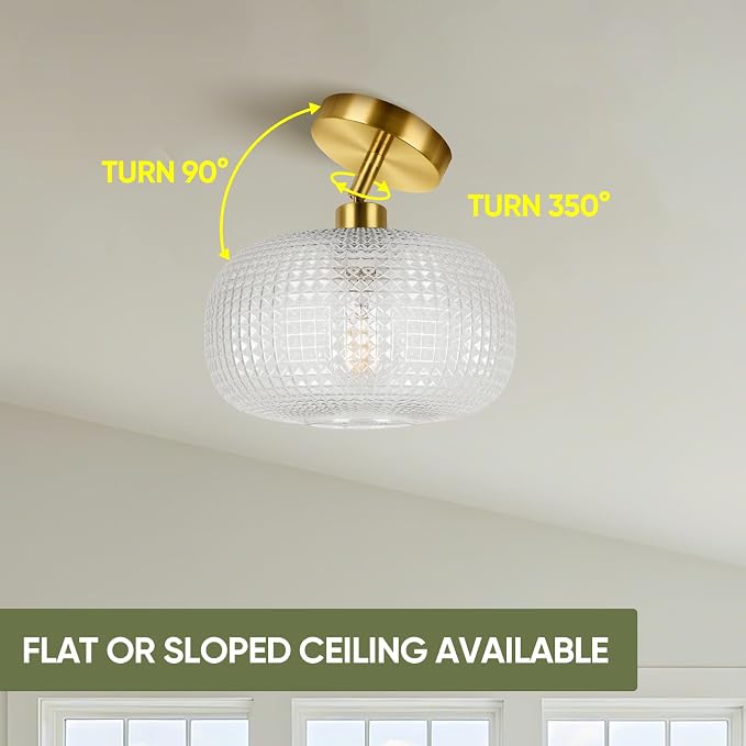 ROTTOGOON Modern Semi Flush Mount Ceiling Light for Flat and Sloped Ceiling | Adjustable Gold Hallway Light Fixtures with Clear Glass Shade for Kitchen Bathroom Entryway Bedroom (Bulb Not Included)