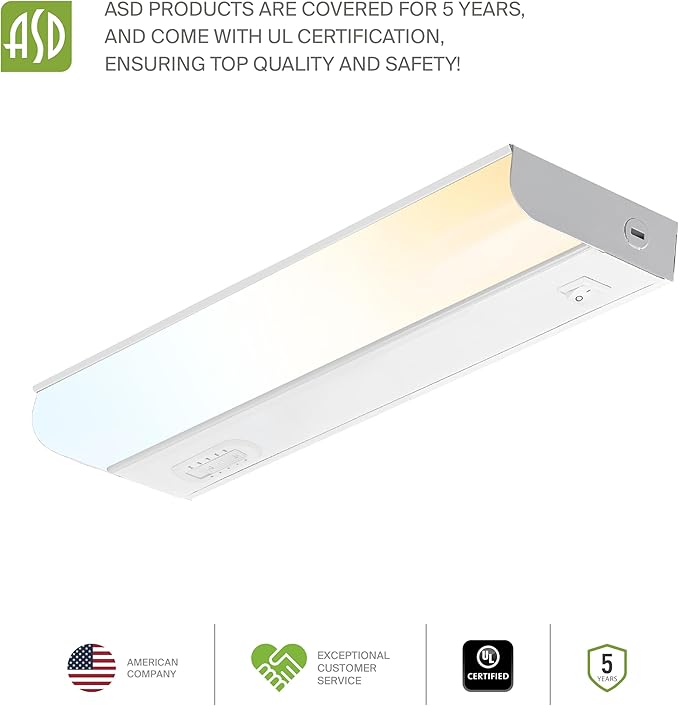 ASD 2 Pack 12 Inch Hardwired LED Under Cabinet Lights, On/Off & 5CCT Switch 2700K-5000K, 5W 442LM CRI90+, Direct Wire Low Profile Linkable Fixture, Dimmable Under Counter Kitchen Lighting, White, UL