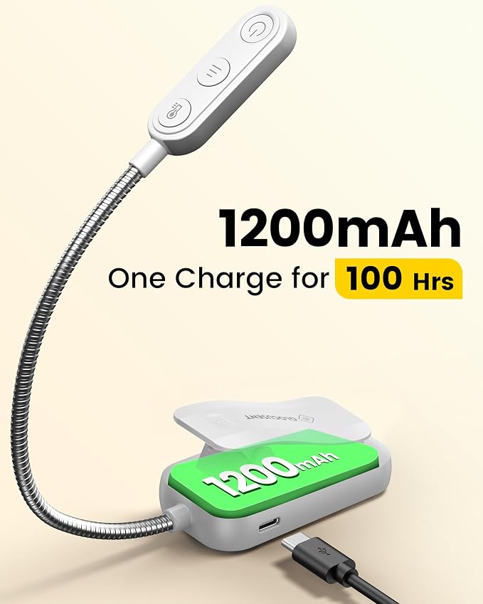 Glocusent 20 LED Reading Lights for Books in Bed, Eye Caring Reading Light | 5 Colors & 5 Brightness 3–100LM Dimmable, 1200mAh Rechargeable Book Light to 90H, Lightweight Clip on Light for Book Lovers