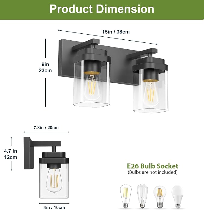 Black Bathroom Light Fixtures, 2 Lights Bathroom Lighting Fixtures Over Mirror, Square Design & Rectangle Large Backplate, Modern Vanity Lighting Fixtures, for Bathroom/Living Room/Bedroom