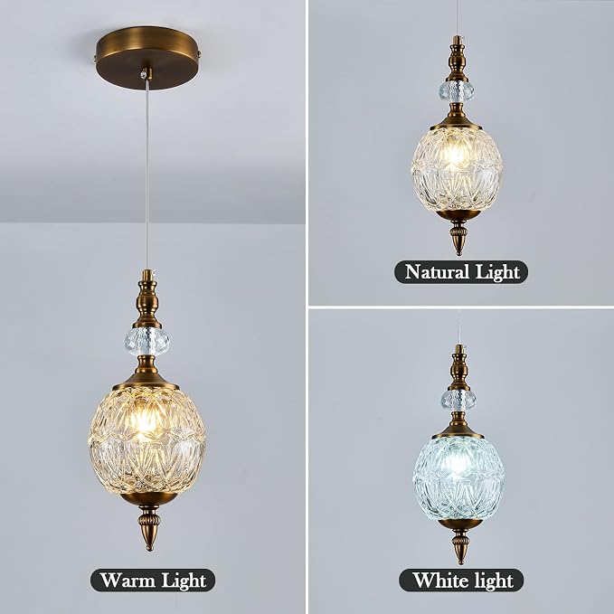 Piepooye 4.72" Vintage Mini Gold Glass Pendant Light for Kitchen Island | Antique Brushed Brass Chandelier Adjustable Hanging Ceiling Light Fixture Farmhouse Dining Room Bedroom Foyer Entryway