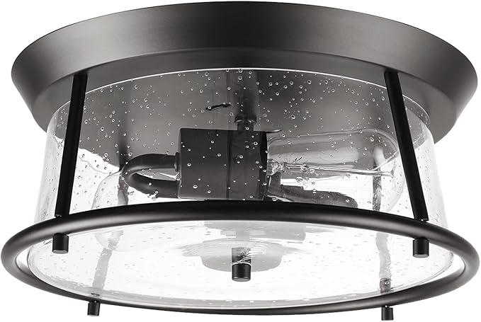 Globe Electric 60347 2-Light Flush Mount Ceiling Light, Bulbs Included, Dark Bronze, Seeded Glass Shade, Bedroom Lighting Fixtures Ceiling, Dining Room Fixture, Lighting for Hallway