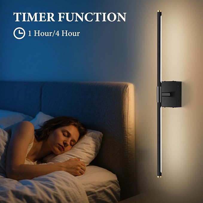 Wall Sconces Set of 2 Battery Operated, Wireless USB 8000mAh Rechargeable Wall Lights with Remote Control,3000K-6000K LED Dimmable Decor Lamp for Living Room,Bedroom,Hallway (27in Black)