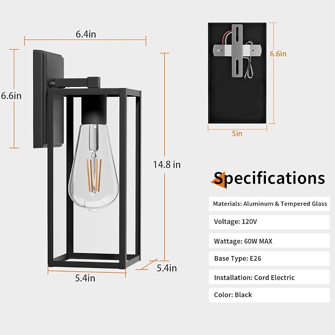 15'' Black Outdoor Front Porch Lights for Outside, Large Exterior Lighting Fixtures Wall Mount for House, Wall Sconce Lamp, Waterproof Lantern Coach Lights for Garage, Entryway,Yard
