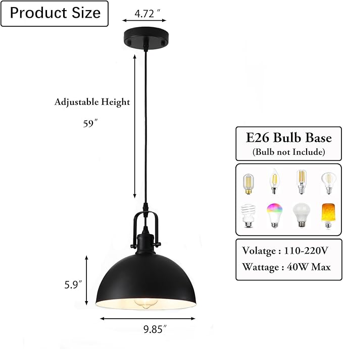 Pendant Lights Kitchen Island 3 Pack, Modern Matte Black Metal Hanging Light Fixtures, Adjustable Height Industrial Pendant Lighting for Dining Room Bedroom Bar Office 9.84”