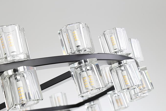 D32 Black Wagon Wheel Chandeliers Modern 32-Lights Black Round Chandelier Glass Chandeliers for Dining Room,Living Room Vintage Chandelier for Foyer Hallway
