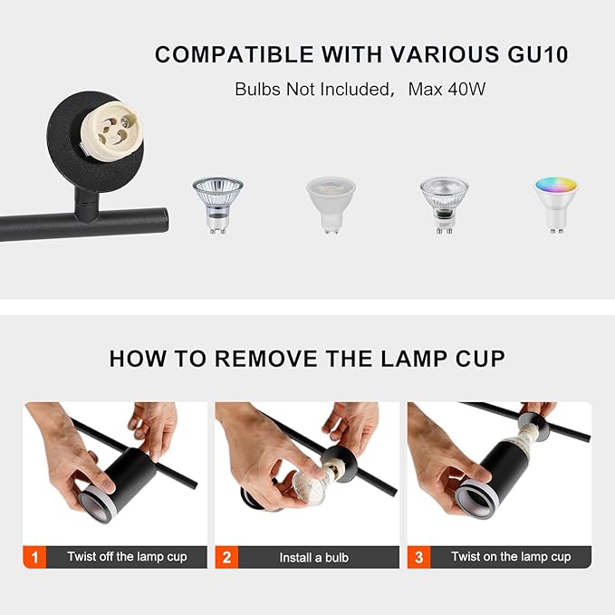 6-Light Track Lighting Fixtures Ceiling, GU10 Black Led Ceiling Spotlight, Modern Track Light Kit for Kitchen Bedroom Living Room