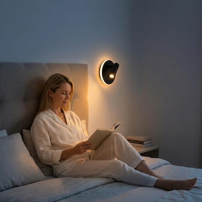 DEC LUCE DECOLUCE LIGHTING Modern Minimalist LED Wall Sconce,Hardwired 2-Light Reading Backlight,Dual Light Control (3W/240lm+6W/480lm), Swing Arm Wall Light Fixtures for Bedroom/Bedside(Black)