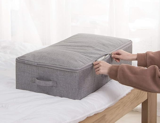 Under Bed Clothing Storage Organizer Boxes with Lid, Dark Gray | Underbed Storage Basket Container, 27.5*15.7*7", Folding, Rigid Sturdy Fabric Bins, 3-Size Zipper, Washable,space saving