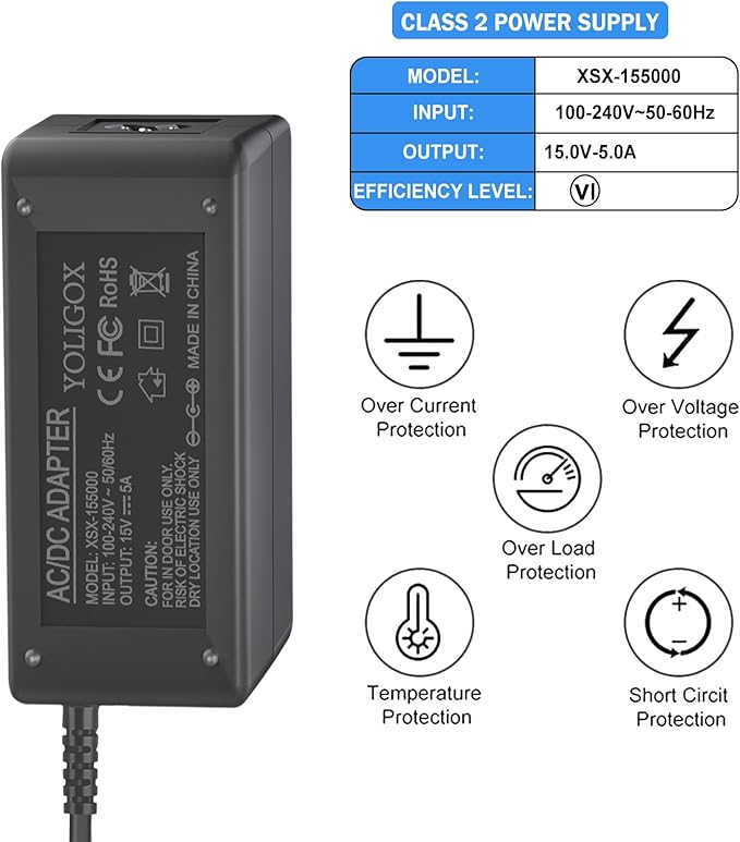 15V Power Cord Compatible with Neewer 14 Inches & 18 Inches Ring Light Compatible with Neewer Photo Studio Ring Light NW-150480D2 DC15V 5A 4.8A Power Supply AC Adapter