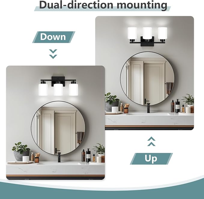 Black Bathroom Light Fixtures Vanity Lighting Over Mirror | 3-Light Modern Wall Sconces with Milky White Frosted Glass Shades for Restroom (E26 Socket)