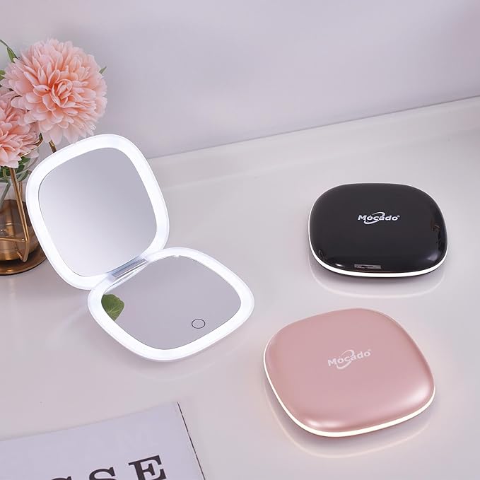 Mocado Compact LED Magnifying Travel Makeup-Mirror - 4 inches 1X/10X Magnification Small Hand Pocket Dimmable Double Sided USB Rechargeable Touch Screen, Portable Tabletop Cosmetic (White)