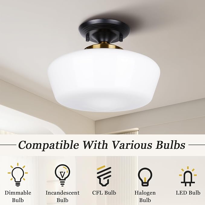 Schoolhouse Style Semi Flush Mount Ceiling Light Fixture, 12" Modern Black and Gold Ceiling Lamp with Opal Milk Glass Shade, Matte Black & Brass Farmhouse Globe Light for Bedroom Hallway Entryway