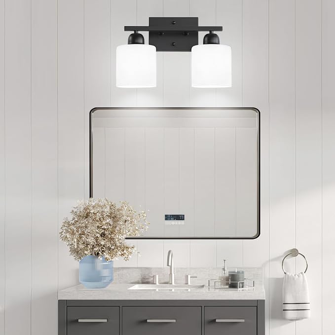 Bath Vanity Lights for Mirror, Restroom Lights Fixtures with Milky White Frosted Glass Shades,Bathroom Over Sink Light Fixtures (Black & Milky White Glass, 2-Light)
