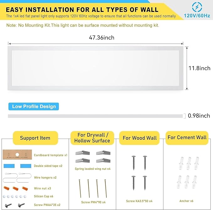 AIKVSXER 4PACK 1x4 Flat Panel Light Surface Mount LED Ceiling Light, 5500LM 50W TRIAC 10-100% Dimmable, 3000/4000/5000k Selectable 48 Inch LED Light Fixture 120V LED Light for Garage/Kitchen