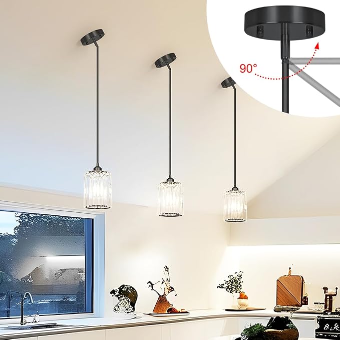 Lxybcce Black Kitchen Pendant Lights Over Island with Adjustable Rods - Crystal Pendant Lighting Fixtures 3 Pack, Ideal Over Dining Table or Bar, E26 Bulb Compatible, No Electrician Needed