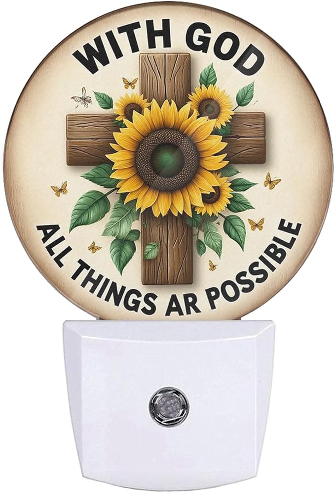Mugod Sunflower and Cross Plug-in Nightlights All Things are Possible Inspirational Quote Night Light Plug into Wall with Dusk-to-Dawn Sensor LED Lighting 0.5W Sleep-Friendly