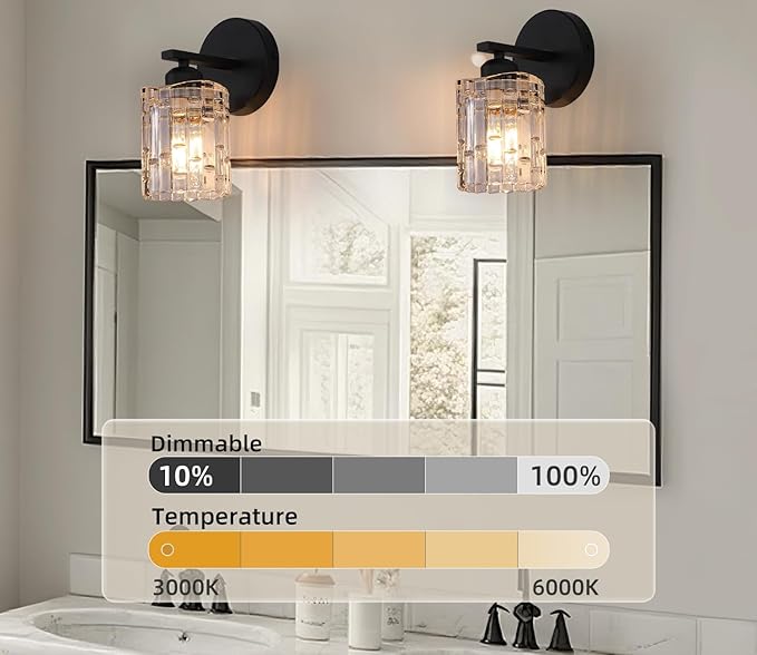 2-Pack 1-Light Modern Matte Black Crystal Wall Sconces, Hardwired Indoor Bathroom Vanity Light Fixtures, Crystal Over Mirror Lamps for Living Room, Bedroom, Hallway