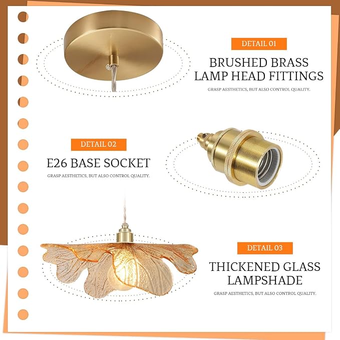 Modern Gold Brass Pendant Lights Kitchen Island, 15.74" Large Glass Pendant Light Mid Century Ceiling Hanging Lighting with Amber Hand Blown Glass Shade for Bedroom Dining Room