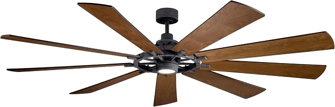 Kichler Gentry XL 85" Ceiling Fan with LED Light, Distressed Black | 9-blade industrial fan with dimmable LED light and DC motor for large indoor spaces, 300285DBK