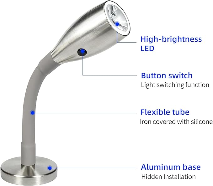 THALASSA RV 12V Flexible Gooseneck Reading Light with On-Off Switch Map Red Night Light Mode Install Wall Sconce for 10V-30V System on Caravan Motorhome Trailer Camper Van
