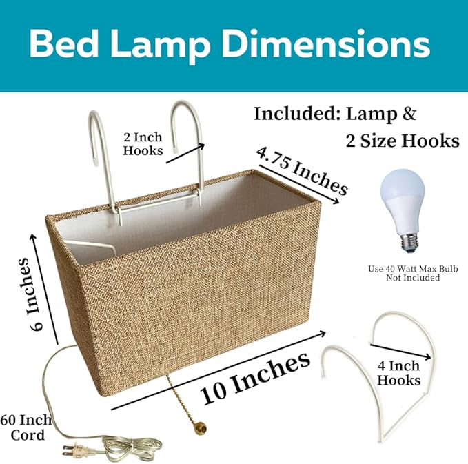 Evelots Bed Headboard Reading Lamp Book Light -Soft Reading Light Lamp for Bedroom with Tan Rectangle Shade - 2 Size Hooks to Fit Most Beds