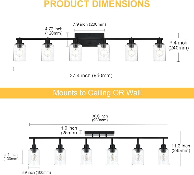 6-Light Black Track Lighting Kit Ceiling Mount Kitchen Track Lighting Fixtures, Bathroom Ceiling Tracking Vanity Light with Bubble Seeded Glass Shade & Rotatable Tracking Heads for Accent Shop