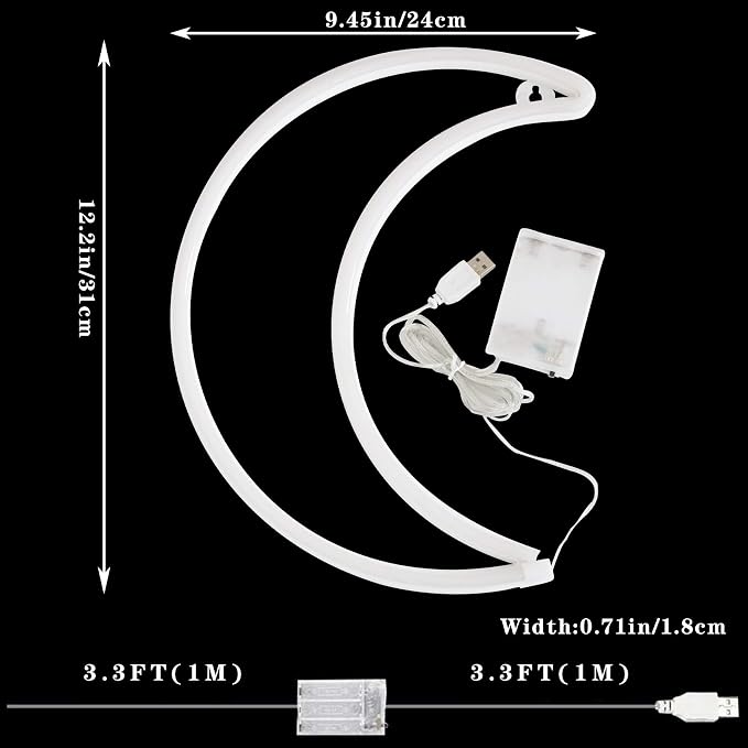 LED Purple Moon Neon Sign Light, Battery or USB Powered 5V Cute Room Decor | Art Decorative Night Lights Halloween Decorations for Girls, Window, Wall, Home, Bedroom, Office, Dorm, Party, Wedding
