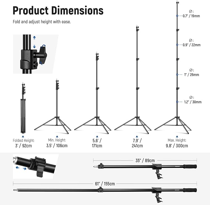 NEEWER Air Cushioned Aluminum Light Stand, 9.8ft/3m Adjustable Photography Stand with Boom Arm, Counterweight, Sandbag, 1/4" Screw for Softbox, Studio Flash, Umbrella, Ring Light, Max Load 5kg