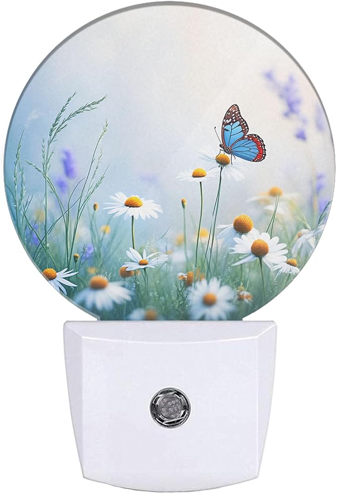 Floral Night Light Lamp Herbs and Wild Flowers Butterfly Daisy Chamomile Blossom LED Nightlights with Dusk-to-Dawn Sensor, Gifts for Girls Women Birthday Mother's Day