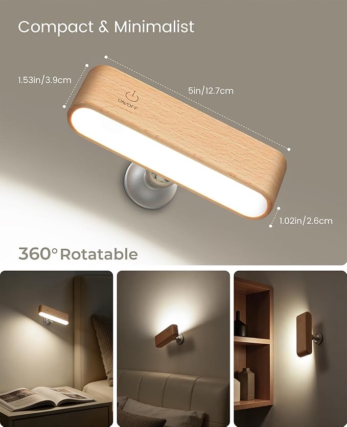 Wood Wall Sconce, Rechargeable Reading Light, Magnetic Bedside Lamp | Bedside Reading, 360° Rotation, Stepless Dimming, 4000K Natural Light, Magnetic Installation for Bedroom Wall Lamps