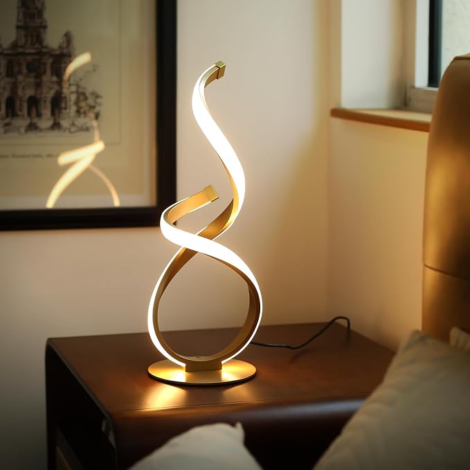 2 Pack Bedside Table Lamp, LED Spiral Desk Light, Touch Dimmable | 3 Color Temperature, Modern Nightstand Light for Night Stands, Unique Side Light for Bedroom, Living Room, Gold