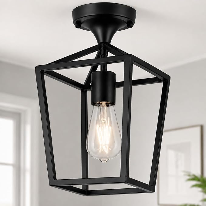 Flush Mount Ceiling Light Fixture, Matte Black Industrial Ceiling Light Fixture,Matte Black Hallway Light Fixtures Ceiling,Light Fixtures Ceiling Mount for Kitchen,Farmhouse,Hall,Bedroom,Bathroom