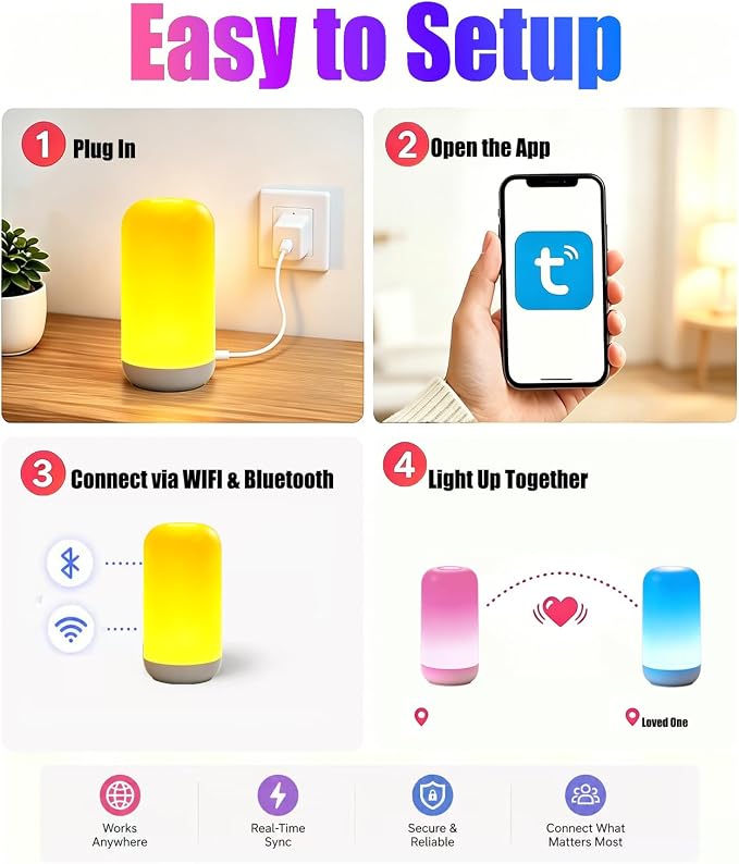 Long Distance Touch Lamps, App and Touch Control WiFi and Bluetooth Setup for Best Friends Couple Family etc, Keep in Touch No Time or Location Limit - Set of 2(No Subscription)