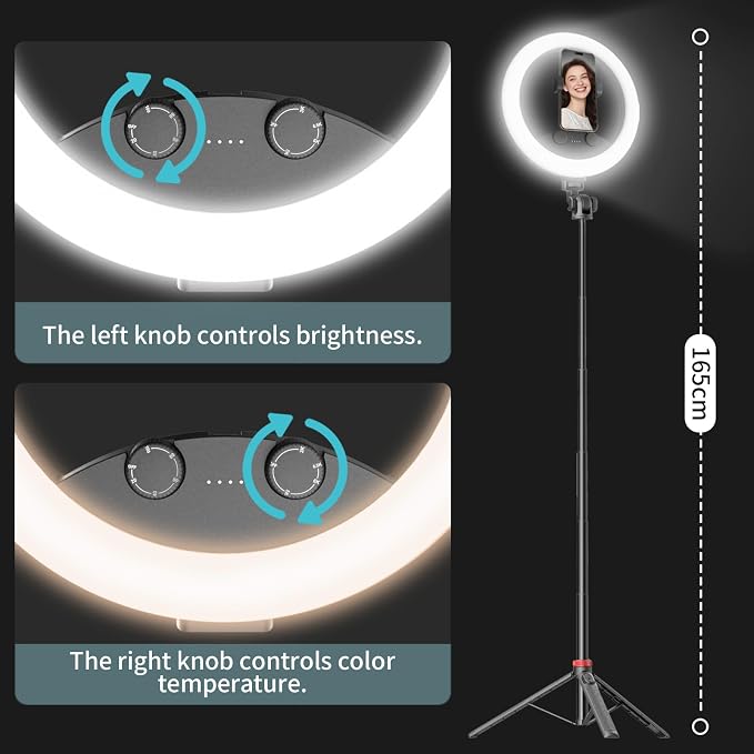 10''Selfie Ring Light with 64''Tripod Stand,Rechargeable Ring Light with Phone Holder and Remote Control,Adjustable Color Temperature and Brightness,5000mAh Battery,Live Streaming,Makeup,Travel,Gaming