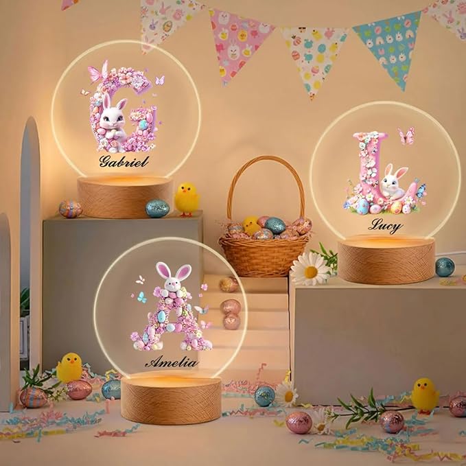 Personalized Pink Bunny Easter Egg 3D Initial LED Night Light with Name & Wooden, Base Room Decor, Birthday Party Easter Gift