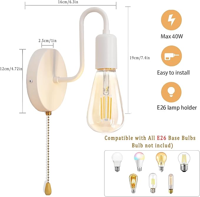 Hardwired Pull Chain Wall Sconce White, 1-Light Wall Light Fixture with On Off Switch, Small Vintage Metal Wall Lamp Indoor for Bedroom Kitchen, Bulb Not Included
