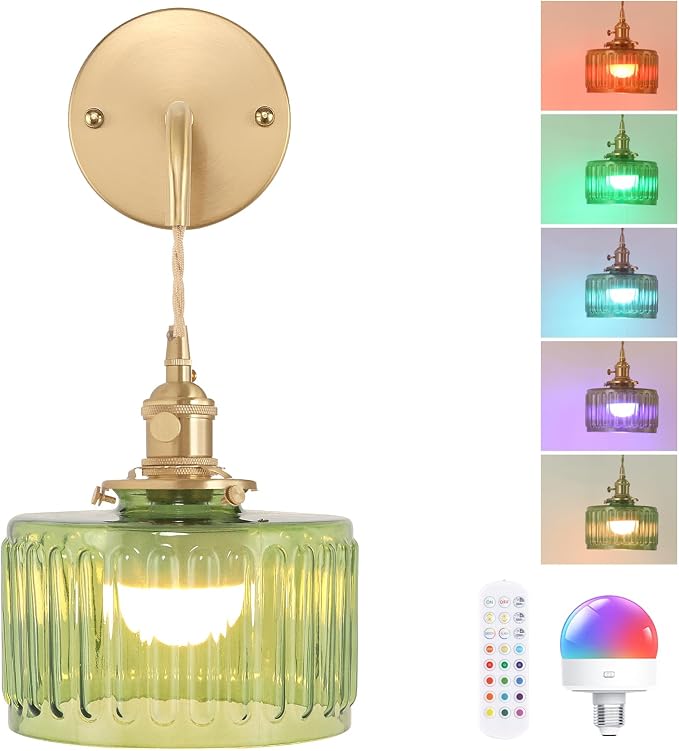 Shenmoyl Battery Operated Wall Sconce with Green Striped Shade Pattern Glass Adjustable Chain Retro Gold Wall Mounted Light, Modern Wall Lamp Fixtures Decor for Bedside Bedroom Indoor Doorway